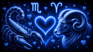 Ilustração em tons de azul de um escorpião (símbolo de Escorpião) e um carneiro (símbolo de Áries) frente a frente, com um coração ao centro, representando a combinação amorosa entre eles.