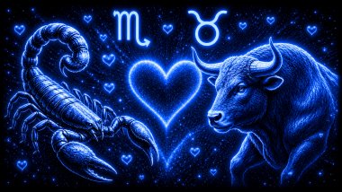 Ilustração em tons de azul de um escorpião (símbolo de Escorpião) e um touro (símbolo de Touro) frente a frente, com um coração ao centro, representando a combinação amorosa entre eles.
