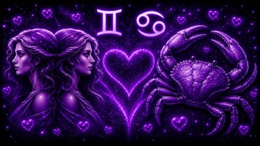 Ilustração em tons de roxo com duas mulheres iguais (símbolo de gêmeos) e um caranguejo (símbolo de câncer) frente a frente, com um coração ao centro, representando a combinação amorosa entre eles