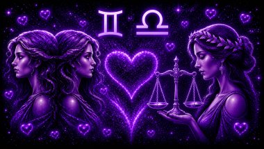 Ilustração em tons de roxo com duas mulheres iguais (símbolo de gêmeos) e uma mulher segurando uma balança(símbolo de libra) frente a frente, com um coração ao centro, representando a combinação amorosa entre eles