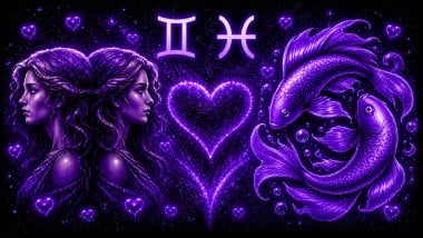 Ilustração em tons de roxo com duas mulheres iguais (símbolo de gêmeos) e peixes (símbolo de peixes) frente a frente, com um coração ao centro, representando a combinação amorosa entre eles