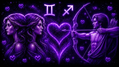 Ilustração em tons de roxo com duas mulheres iguais (símbolo de gêmeos) e um homem segurando um arco e flecha (símbolo de sagitário) frente a frente, com um coração ao centro, representando a combinação amorosa entre eles