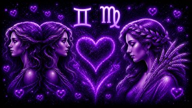 Ilustração em tons de roxo com duas mulheres iguais (símbolo de gêmeos) e a letra M estilizada (símbolo de virgem) frente a frente, com um coração ao centro, representando a combinação amorosa entre eles