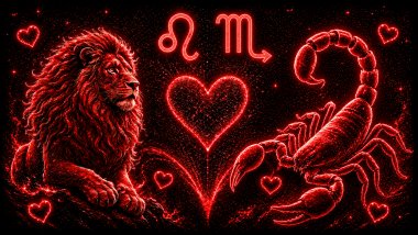 Ilustração em tons de vermelho com um leão (símbolo de Leão), a letra M estilizada e um escorpião (símbolo de Escorpião), frente a frente, com um coração ao centro, representando a combinação amorosa entre eles.