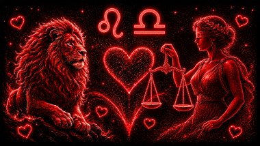 Ilustração em tons de vermelho com um leão (símbolo de Leão) e uma mulher segurando uma balança (símbolo de Libra), frente a frente, com um coração ao centro, representando a combinação amorosa entre eles.