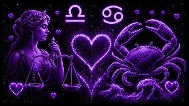 Ilustração em tons de roxo com uma mulher segurando uma balança (símbolo de Libra) e um caranguejo (símbolo de Câncer) frente a frente, com um coração ao centro, representando a combinação amorosa entre eles.