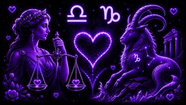 Ilustração em tons de roxo com uma mulher segurando uma balança (símbolo de Libra) e um carneiro, (símbolo de Capricórnio) frente a frente, com um coração ao centro, representando a combinação amorosa entre eles.