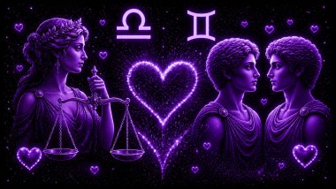 Ilustração em tons de roxo com uma mulher segurando uma balança (símbolo de Libra) e dois rostos humanos (símbolo de Gêmeos) frente a frente, com um coração ao centro, representando a combinação amorosa entre eles.