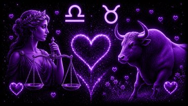 Ilustração em tons de roxo com uma mulher segurando uma balança (símbolo de Libra) e um Touro (símbolo de Touro) frente a frente, com um coração ao centro, representando a combinação amorosa entre eles.