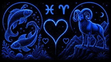 Ilustração em tons de azul de dois peixes (símbolo de Peixes) e um carneiro (símbolo de Áries), frente a frente, com um coração ao centro, representando a combinação amorosa entre eles.