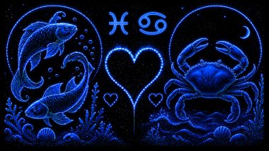 Ilustração em tons de azul de dois peixes (símbolo de Peixes) e um caranguejo (símbolo de Câncer), frente a frente, com um coração ao centro, representando a combinação amorosa entre eles.