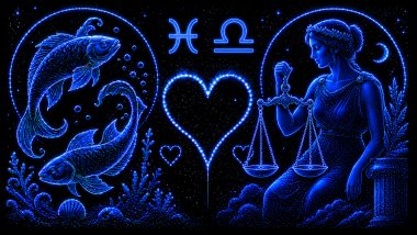 Ilustração em tons de azul de dois peixes (símbolo de Peixes), e uma mulher segurando uma balança (símbolo de Libra), frente a frente, com um coração ao centro, representando a combinação amorosa entre eles.