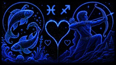 Ilustração em tons de azul de dois peixes (símbolo de Peixes) e um homem segurando um arco e flecha (símbolo de Sagitário), frente a frente, com um coração ao centro, representando a combinação amorosa entre eles.