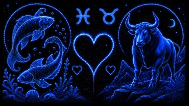 Ilustração em tons de azul de dois peixes (símbolo de Peixes) e um touro (símbolo de Touro), frente a frente, com um coração ao centro, representando a combinação amorosa entre eles.