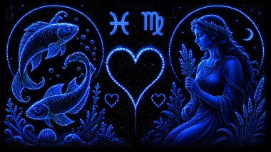 Ilustração em tons de azul de dois peixes (símbolo de Peixes), a letra M estilizada e uma mulher (símbolo de Virgem), frente a frente, com um coração ao centro, representando a combinação amorosa entre eles.