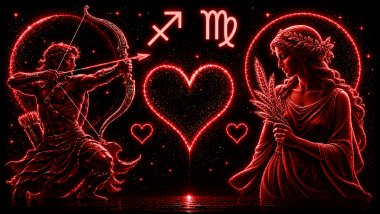 Ilustração em tons de vermelho de um homem com um arco e flecha nas mãos (símbolo de Sagitário) e uma mulher e a letra M estilizada (símbolo de Virgem), frente a frente, com um coração ao centro, representando a combinação amorosa entre eles.