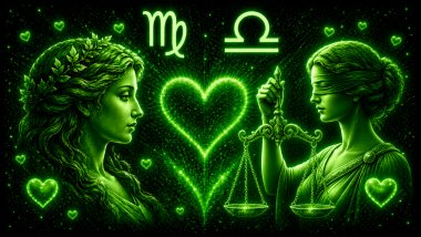 Ilustração em tons de verde com o rosto de uma mulher e a letra M estilizada, (símbolo de Virgem) e uma mulher segurando uma balança (símbolo de Libra) frente a frente, com um coração ao centro, representando a combinação amorosa entre eles.