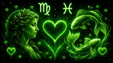 Ilustração em tons de verde com o rosto de uma mulher (símbolo de Virgem) e dois peixes (símbolo de Peixes), frente a frente, com um coração ao centro, representando a combinação amorosa entre eles.