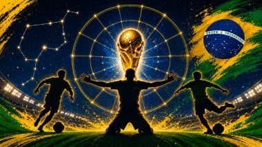 Silhuetas de jogadores brasileiros em estádio iluminado com taça dourada e roda astrológica em fundo azul, verde e amarelo.