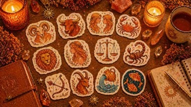 Flat lay acolhedor em tons de laranja com adesivos dos signos espalhados sobre mesa de madeira, cercados por velas, cristais e objetos místicos.