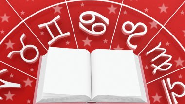 Livro aberto sobre fundo vermelho com símbolos do zodíaco ao redor em destaque.