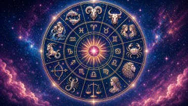 Roda do zodíaco luminosa em tons de azul e rosa com símbolos nítidos, cercada por estrelas e nuvens cósmicas em um fundo espacial.