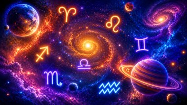 Ilustração cósmica com planetas e símbolos zodiacais luminosos espalhados pelo universo, em tons de azul, laranja, amarelo e roxo, cercados por estrelas e galáxias.