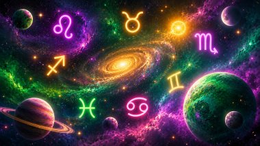Ilustração cósmica com planetas e símbolos zodiacais brilhantes espalhados pelo universo, em tons de verde, roxo, rosa e amarelo, sobre um fundo repleto de estrelas.