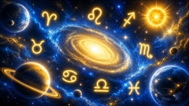 Ilustração cósmica com planetas e símbolos zodiacais luminosos espalhados pelo universo, em tons de amarelo, azul e branco, sobre um fundo estrelado com galáxia brilhante ao centro.