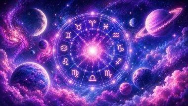 Ilustração cósmica com roda zodiacal brilhante, planetas e nebulosas em tons de rosa, roxo, azul e branco, cercados por estrelas em um cenário místico do universo.