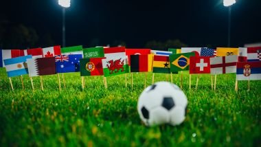 Imagem de um campo de futebol com gramado, uma bola e várias bandeiras dos países que participam da copa do mundo.