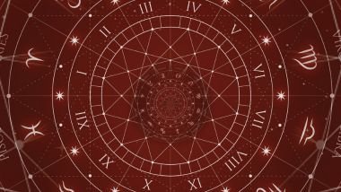 Imagem de fundo vermelho e em destaque uma mandala astrológica.