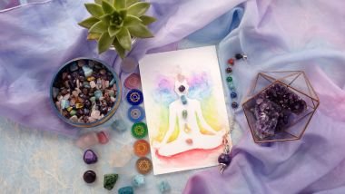 Imagem com vários cristais naturais e pêndulo sobre fundo de seda em tons pastel. Em destaque, um cartão com a indicação dos 7 chakras.