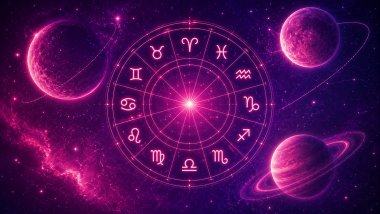 Ilustração cósmica em tons de rosa e roxo com roda astrológica neon, símbolos corretos do zodíaco e planetas brilhantes em fundo espacial estrelado.