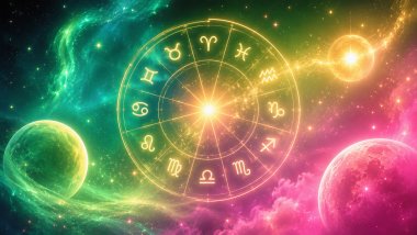 Ilustração cósmica colorida com roda astrológica dourada, planetas vibrantes e energia celestial em tons de verde, rosa, azul e amarelo.