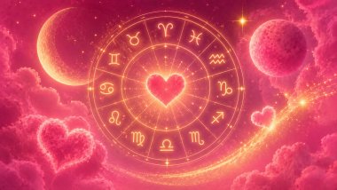 Ilustração astrológica romântica em tons de rosa, vermelho e amarelo com roda zodiacal brilhante, corações luminosos e elementos cósmicos suaves.