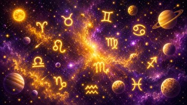 Ilustração cósmica com símbolos de signos espalhados entre planetas, estrelas e nebulosas em tons de amarelo, branco e roxo.