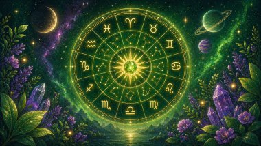Ilustração cósmica em tons de verde com roda do zodíaco central luminosa, cercada por estrelas, planetas, cristais e vegetação em um cenário místico.