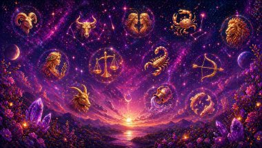 Cenário cósmico em tons de roxo com símbolos dos signos espalhados como constelações luminosas, entre estrelas, cristais e um horizonte ao entardecer.