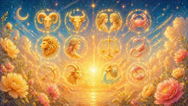 Cenário celestial em tons de amarelo com símbolos dos signos em molduras luminosas, distribuídos entre céu estrelado, flores e um brilho solar intenso ao centro.