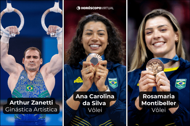 Montagem com os atletas olímpicos: Arthur Zanetti, Ana Carolina da Silva e Rosamaria Montibeller.