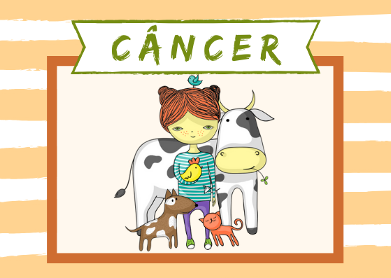 Imagem com a palavra CÂNCER em destaque. No centro, ilustração de uma menina com diversos animais