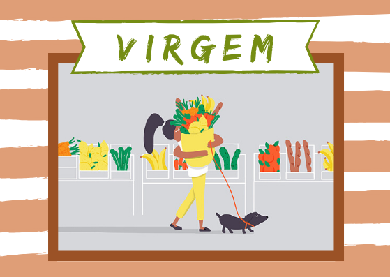 Imagem com a palavra VIRGEM em destaque. No centro, ilustração de uma mulher segurando uma sacola com legumes e verduras. Ela também segura seu cachorro pela guia