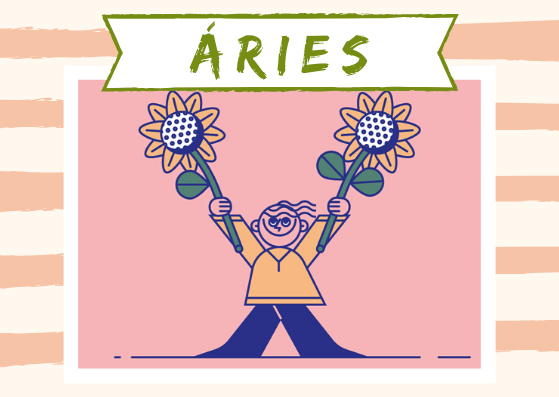 Imagem com a palavra ÁRIES em destaque. No centro, uma ilustração de uma menina segurando duas flores