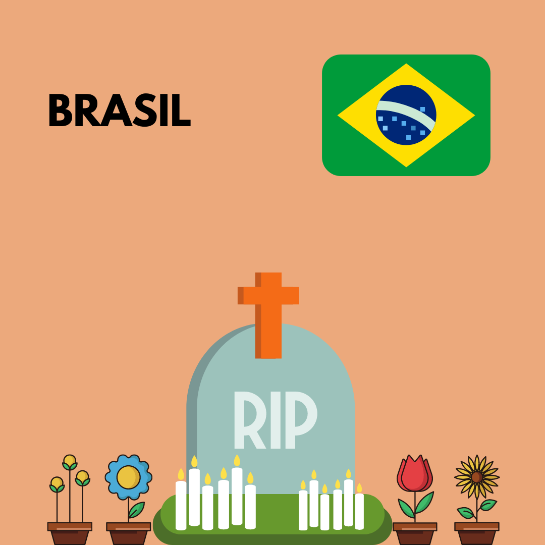 Imagem representando o Brasil com a ilustração de uma lápide, flores ao redor e a bandeira do país