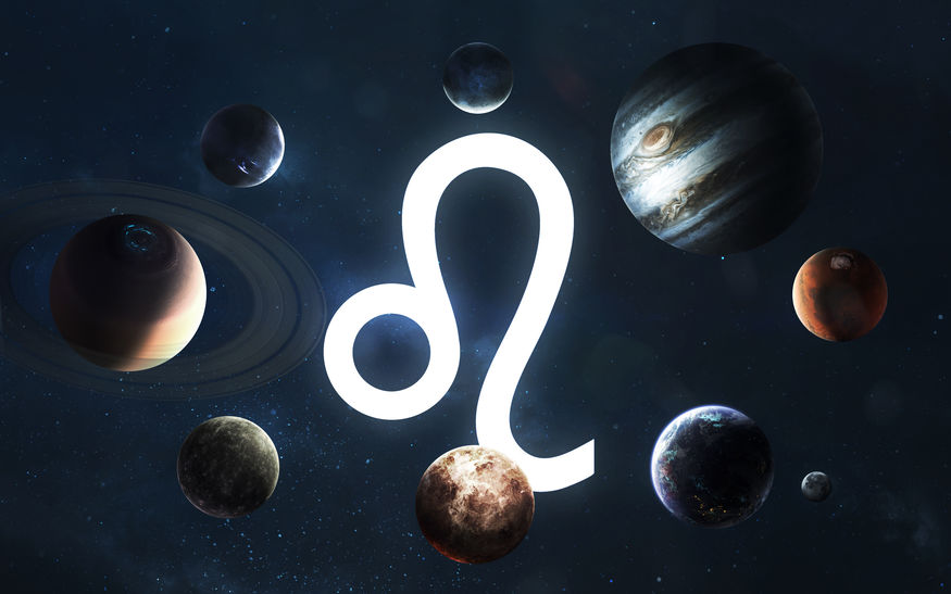 Símbolo do signo de Leão desenhado entre os planetas no sistema solar.