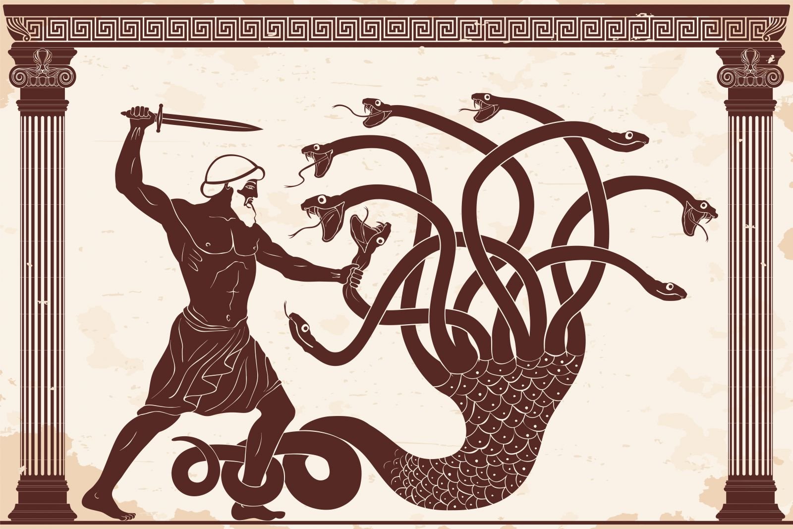 Ilustração de homem segurando uma espada em frente a Hidra