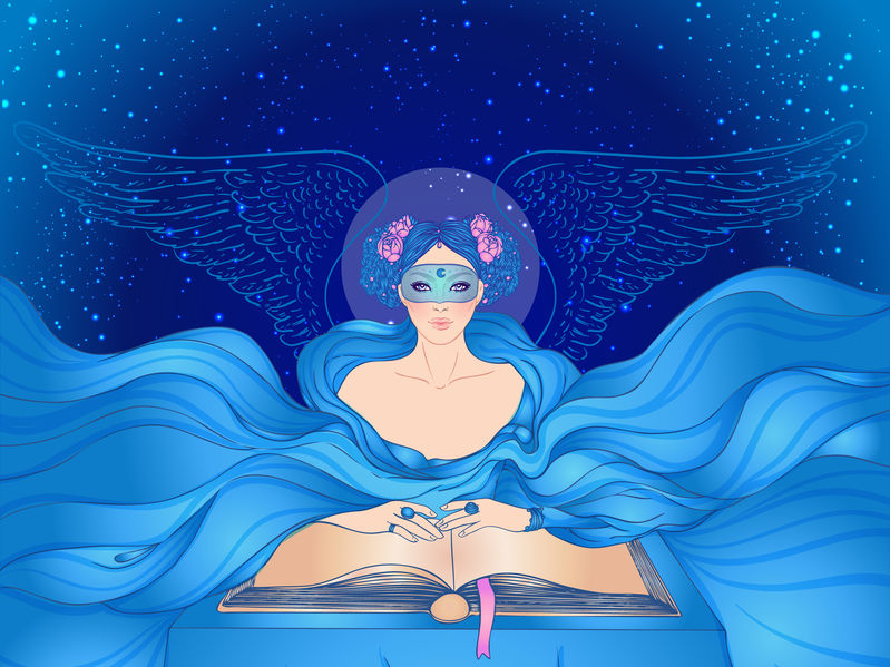 Ilustração de mulher com cabelos e roupas azuis.