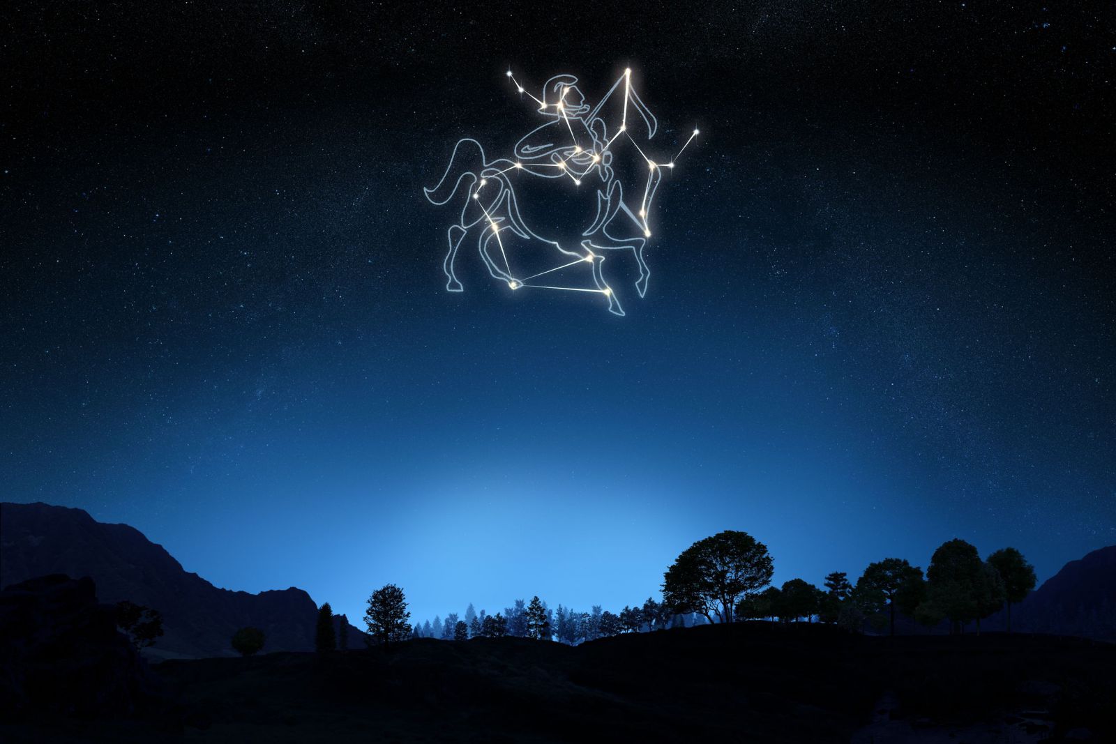 Constelação de Sagitário, com um desenho do signo no céu a noite.