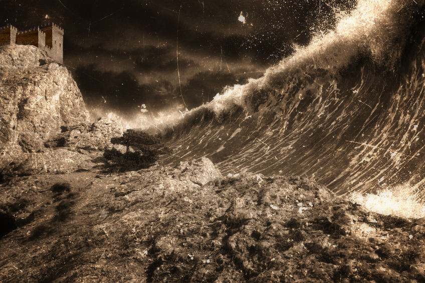 Igor Zhuravlov / 123rf Onda gigante escura e castelo ao fundo